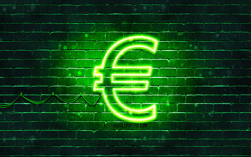 Euro green sign green brickwall, Euro sign, currency signs, Euro neon sign, Euro, HD wallpaper