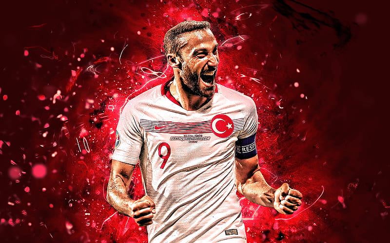 Cenk Tosun, 2019, Turkey National Team, forward, soccer, footballers, Tosun, abstract art, neon lights, Turkish football team, HD wallpaper