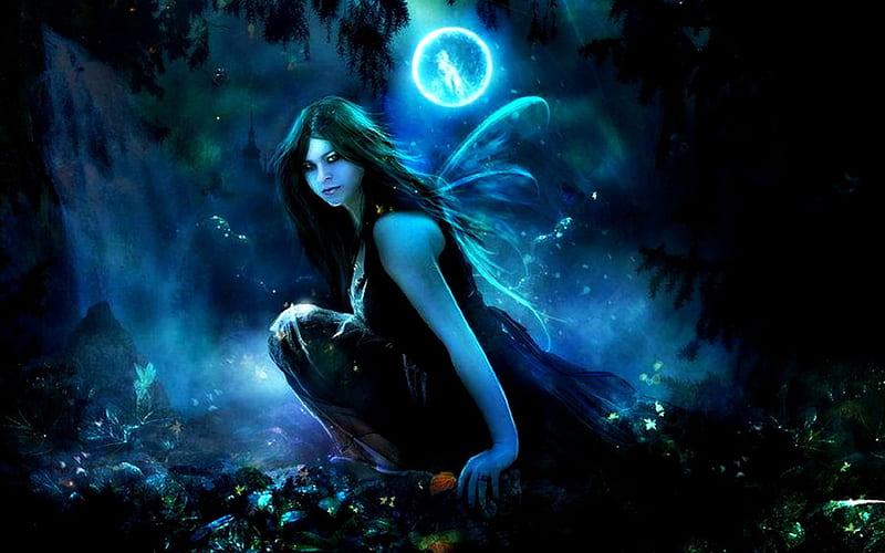 Fairy, art, fantasy, moon, dark, blue, night, HD wallpaper