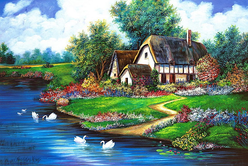 Flourishing spring, pretty, colorful, house, cottage, bonito, countryside, nice, calm, painting, village, flowers, season, river, reflection, flourishing, rural, art, quiet, lovely, spring, swans, lake, freshness, water, serenity, paradise, peaceful, garden, flowering, dusks, HD wallpaper