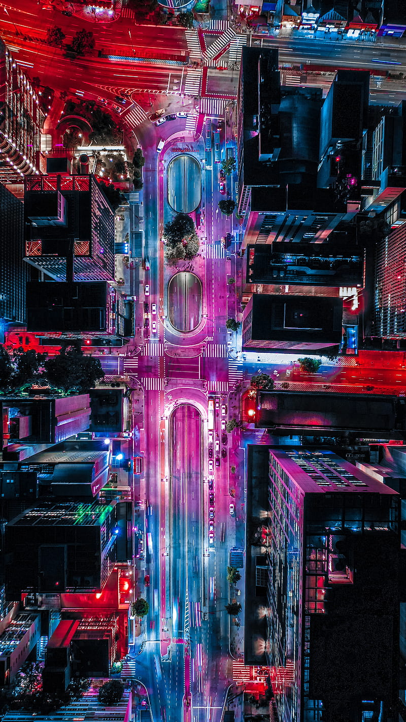 city, aerial view, buildings, roads, backlight, HD phone wallpaper