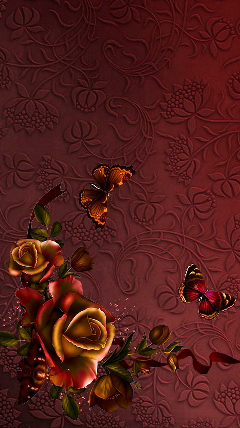 gold roses, butterfly, butterflies, red, art, background, HD phone wallpaper