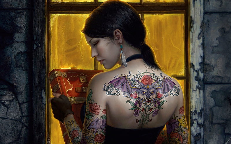 girl tattoos back book turn-Fantasy Design, HD wallpaper