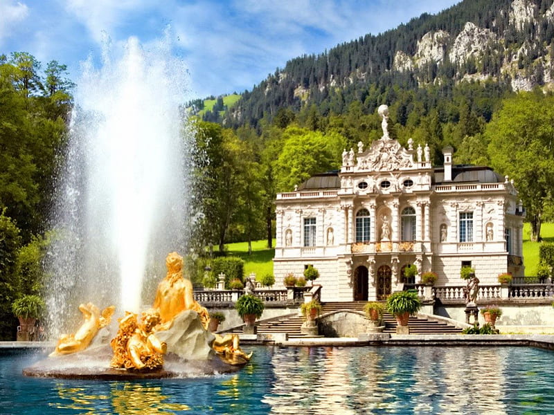 Linderhof palace, pretty, bonito, clouds, europe, mountain, nice, monument, reflection, amazing, fountain, lovely, germany, golden, greenery, palace, sky, pond, water, towers, summer, castle, HD wallpaper