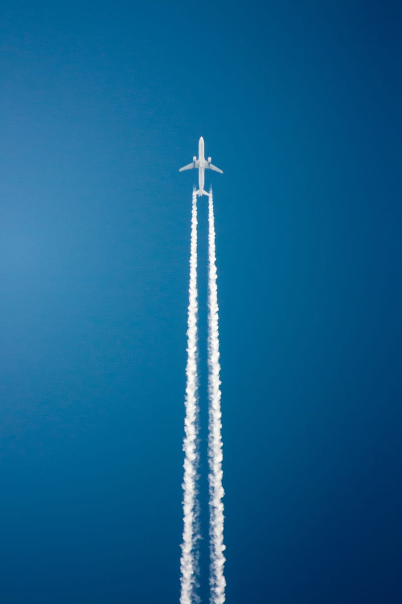 plane, sky, flight, traces, minimalism, blue, HD phone wallpaper