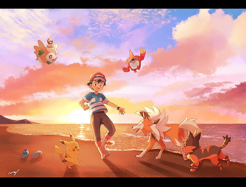 Pokémon, Ash Ketchum, Barefoot, beach, Boy, Brown Eyes, Cap, Feet, Lycanroc (Pokemon), Pikachu, Rotomdex (Pokémon), Rowlet (Pokémon), Sky, Sunset, HD wallpaper