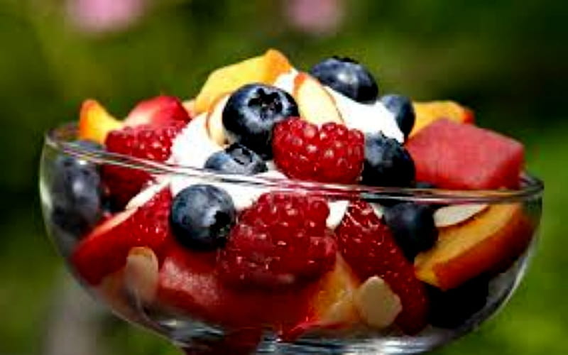 Berries Bowl, Blueberries, Fruit, Bowl, Strawberies, Watermelon, Peach, HD wallpaper