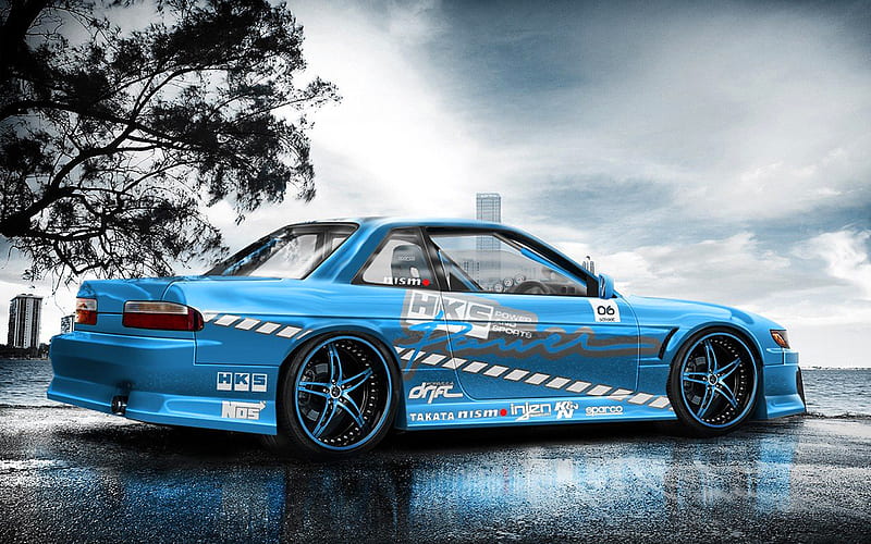 Nissan Silvia, S14, drift cars, tuning, blue Silvia, japanese cars, Nissan, HD wallpaper
