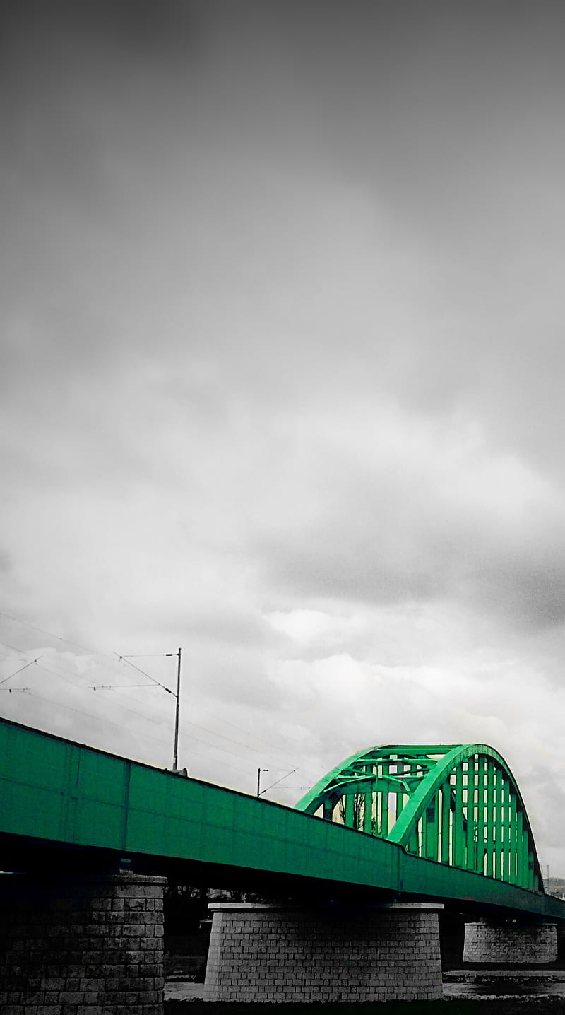 Bridge, black and white, green, sky, HD phone wallpaper