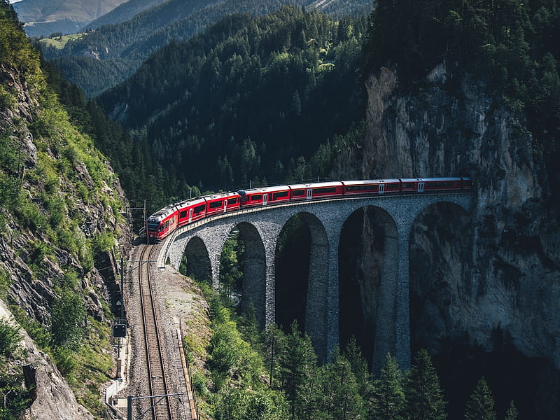 railway, viaduct, train, mountains, HD wallpaper