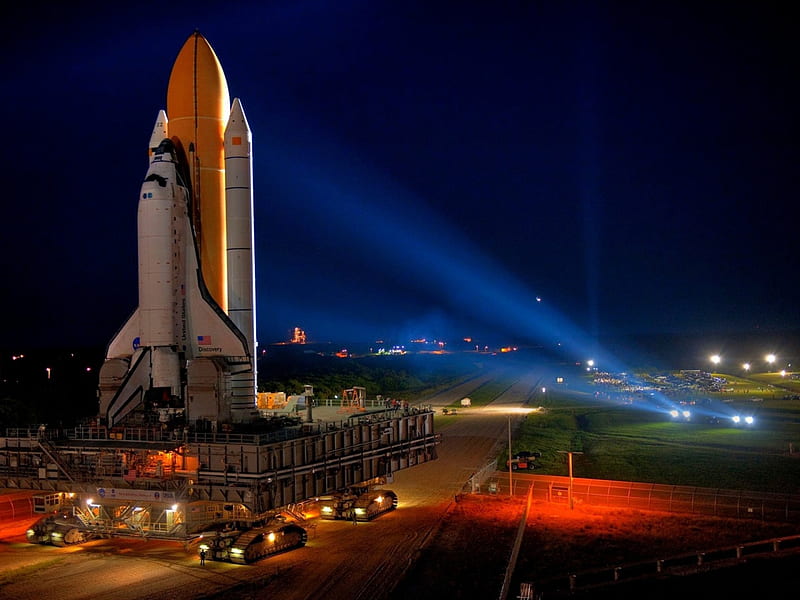 Space Shuttle Discovery, space, discovery, lights, shuttle, blue, HD wallpaper