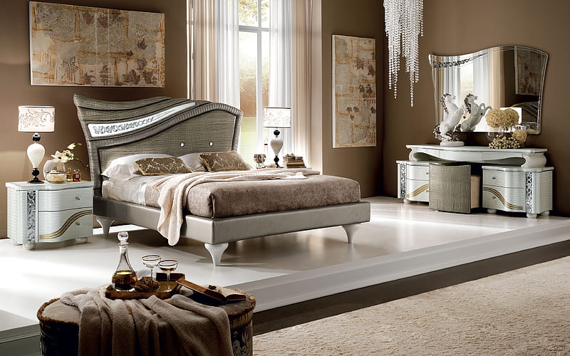bedroom stylish interior, vintage style, brown room, modern design, interior idea, HD wallpaper