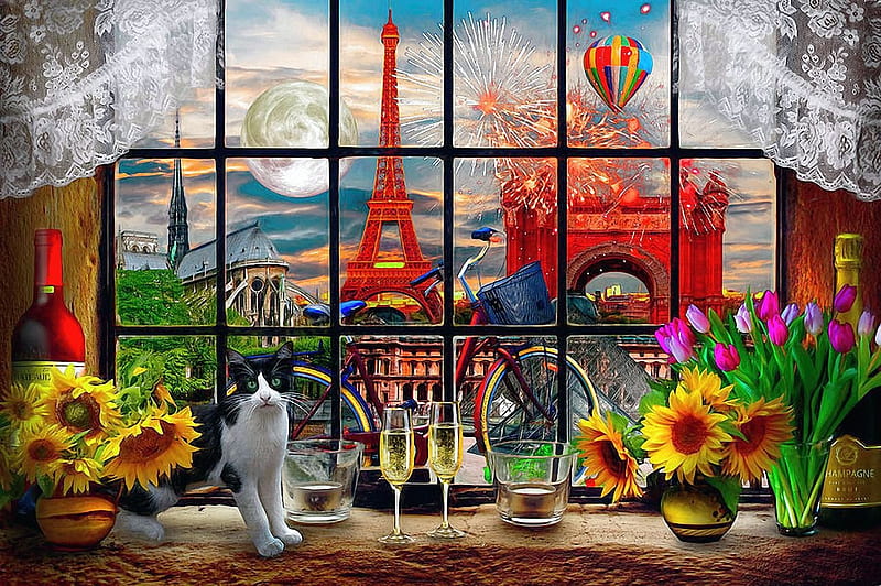 Evening in Paris, digital, cat, artwork, arc de triomphe, window, bicycle, church, balloon, sunflowers, planet, eiffel tower, HD wallpaper