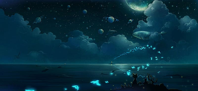Anime, Landscape, Sky, Night, Moon, Bird, Cat, Ocean, Planet, Cloud, Fish, Whale, Star, HD wallpaper