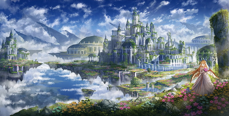 anime fantasy castle, floating island, anime girl, bride, wedding dress, blonde, runaway, Anime, HD wallpaper