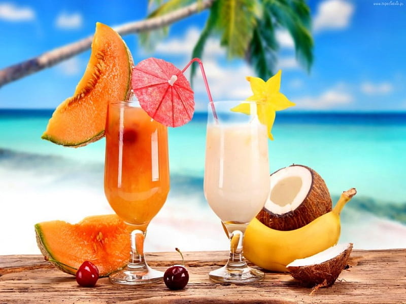 Cocktails, refreshing, coconut, abstract, fruit, beach, graphy, summer, drink, melon, banana, cherry, HD wallpaper
