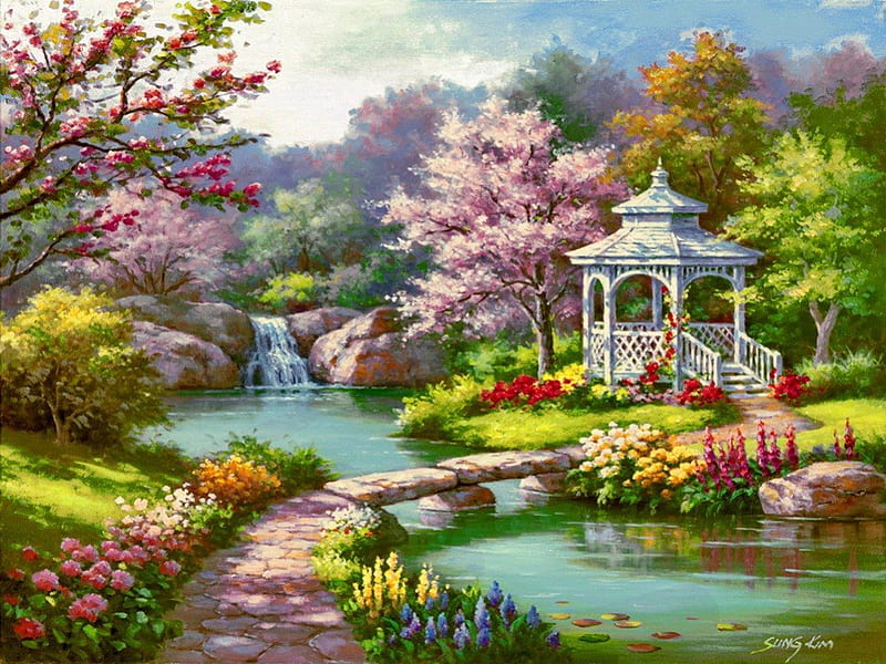 Spring gazebo, stream, shore, footbridge, falling, nice, calm, waterfall, path, flowers, reflection, rest, art, lovely, quiet, relax, scent, trees, water, serenity, paradise, blossoms, fall, colorful, bonito, fragrance, bridge, painting, river, forest, place, spring, creek, lake, pond, peaceful, nature, blooming, gazebo, retty, HD wallpaper