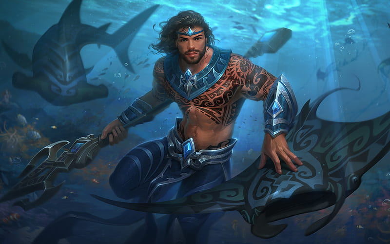 Poseidon, underwater, manga, art, Smite, HD wallpaper