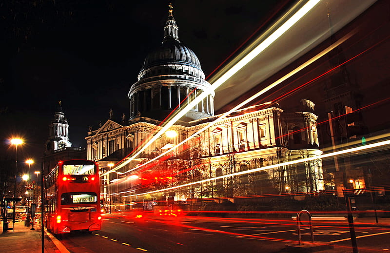 The Heart of London, architecture, cathedral, england, bus, london, double-decker, road, street, light, HD wallpaper