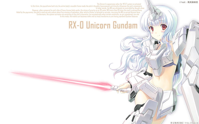 Unicorn Girl, red, white hair, unicorn, beam saber, gundam unicorn, gundam, girl, mecha, anime, white, eyes, HD wallpaper