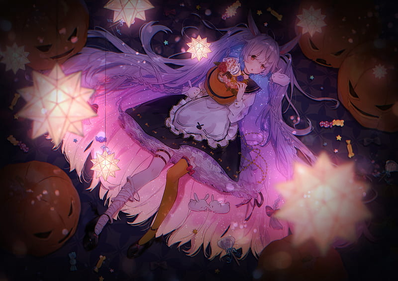 cute anime girl, loli, lying down, dress, halloween 2020, pumpkin, Anime, HD wallpaper