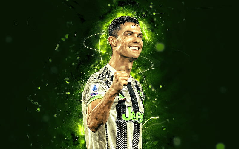 Cristiano Ronaldo, 2019, green neon lights, Juventus FC, CR7, new uniform, Italy, CR7 Juve, portuguese footballers, Bianconeri, soccer, football stars, Serie A, HD wallpaper