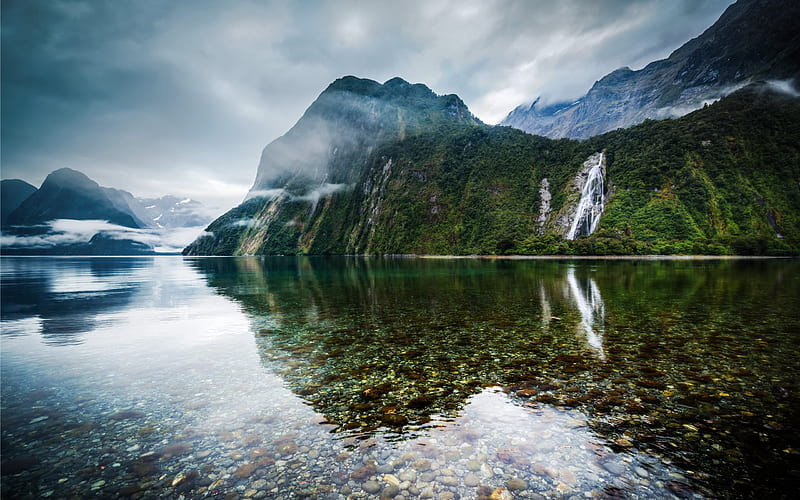 mountain, lake, waterfall, fog, forest, New Zealand, HD wallpaper