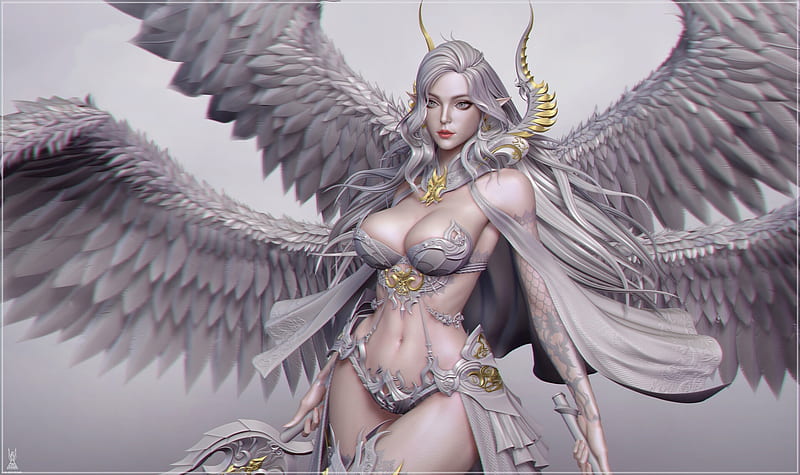 Angel, fantasy, wings, frumusete, luminos, girl, cifangyi, white, HD wallpaper