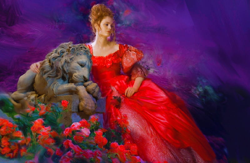 Beauty and the Lion, red, art, dress, lovely, romantic, costume, cg, gown, bonito, roses, woman, lion, fantasy, girl, stone, digital, HD wallpaper