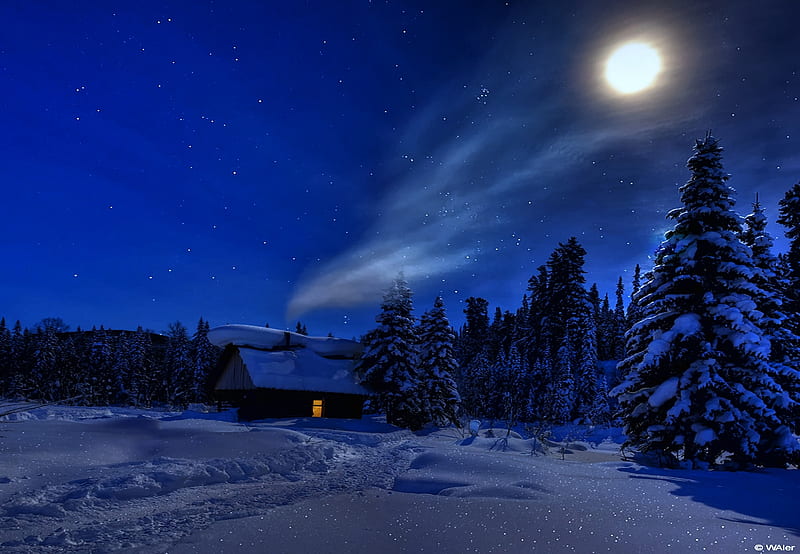 Smokey Moonlight Night, house, lovely, shine, bonito, winter, cold, moon, snow, nightscape, smoke, blue, HD wallpaper