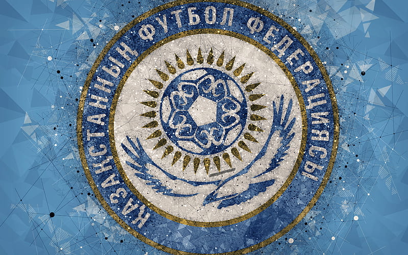 Kazakhstan national football team geometric art, logo, blue abstract background, UEFA, emblem, Kazakhstan, football, grunge style, creative art, HD wallpaper