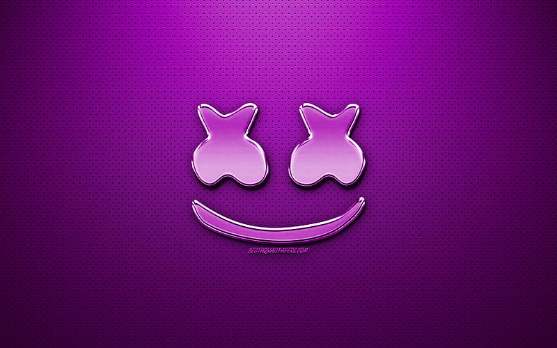 Marshmello violet logo, fan art, american DJ, chrome logo, Christopher Comstock, Marshmello, violet metal background, DJ Marshmello, DJs, Marshmello logo, HD wallpaper