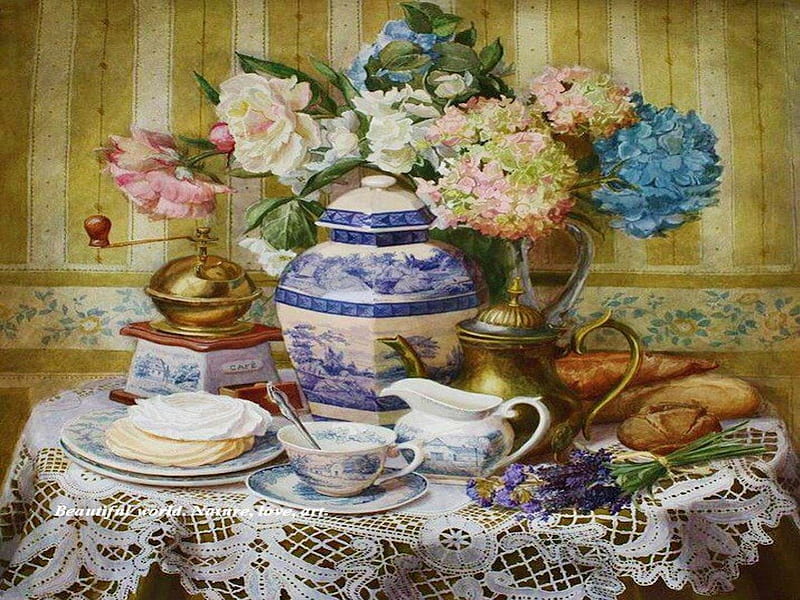 Vintage Tea Time, lace, tablecloth, tea, dessert, antique, past, flowers, white, blue, vintage, HD wallpaper