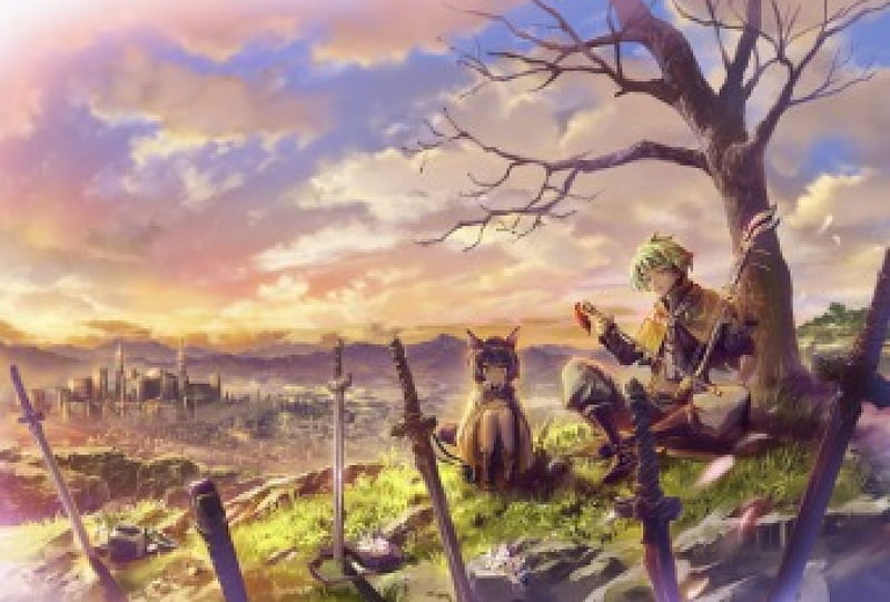 A Song to those that have Fallen, graves, swords, bags, neko, pixiv, flowers, sunset, HD wallpaper