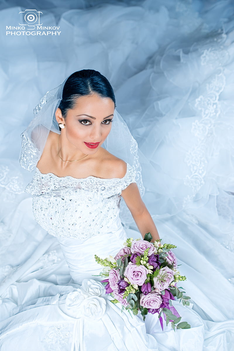 Minko Minkov, women, white dress, sensual gaze, brides, frock, flowers, bouquets, HD phone wallpaper