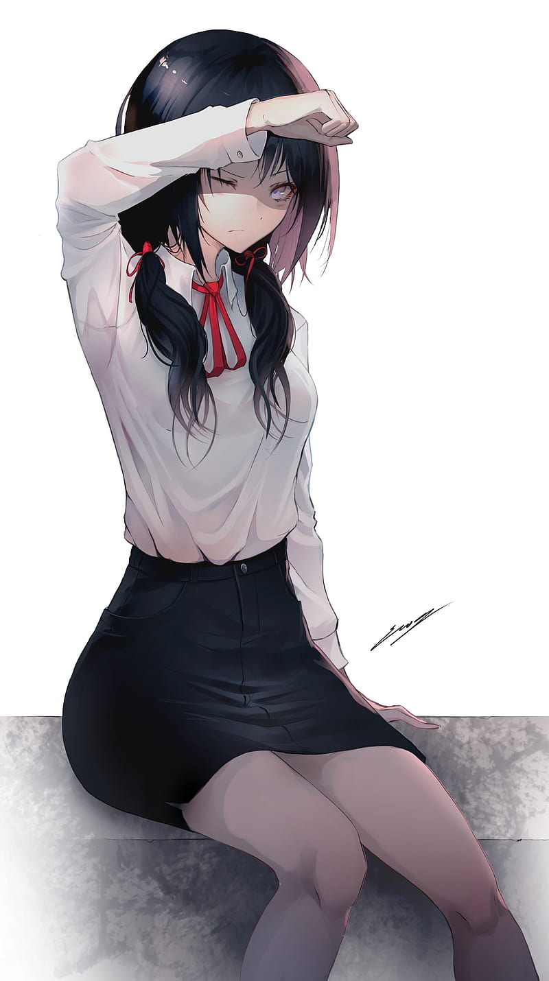 Anime girls, anime, dark hair, sitting, erospanda, pigtails