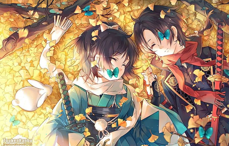 Music of the wings, red, rabbit, instocklee, manga, yellow, leaf, butterfly, anime, love, bunny, touken ranbu, couple, blue, HD wallpaper