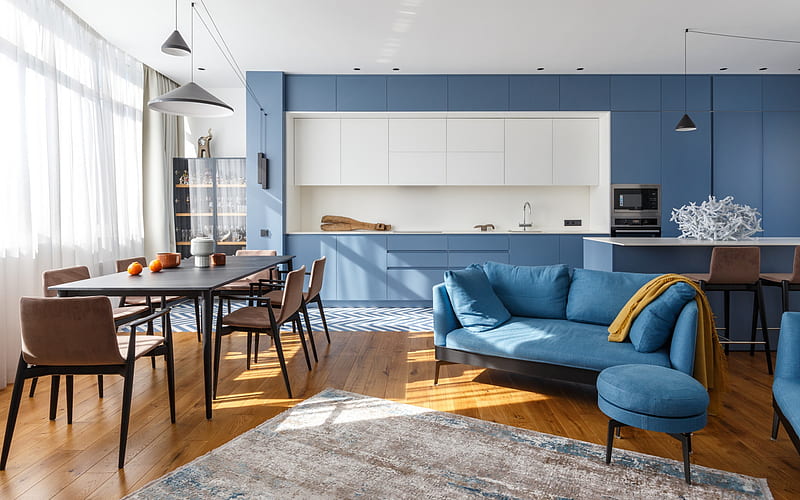 stylish dining room interior design, blue kitchen furniture, kitchen idea, modern interior design, kitchen dining room, stylish blue furniture, HD wallpaper