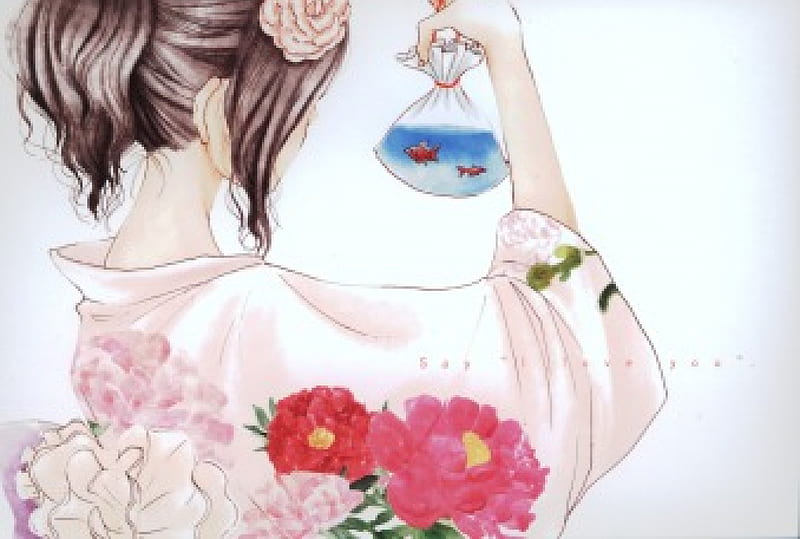 Tachibana Mei, japanese, girl, fish, anime, flower, koi, kimono, HD wallpaper