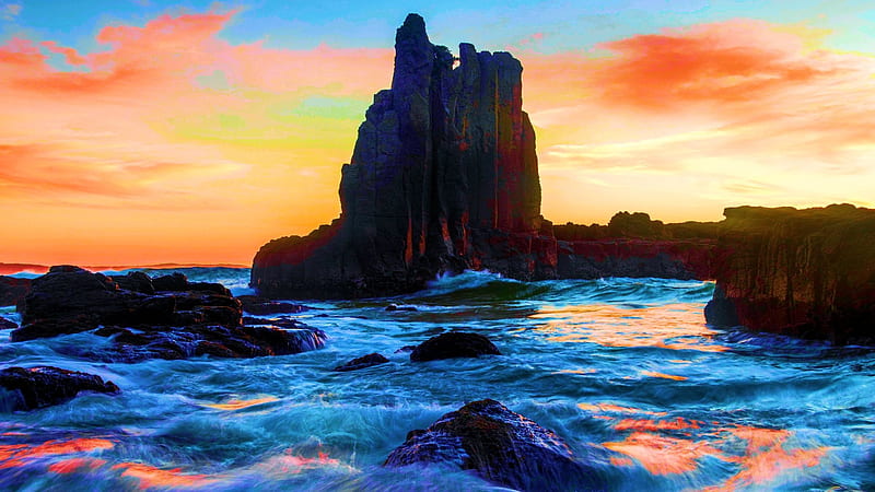 Basalt Awakening - Cathedral Rocks, NSW, Australia, clouds, sky, sea, colors, sunset, coast, HD wallpaper