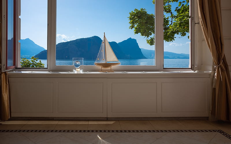 Lake Lucerne, Switzerland, Switzerland, sailboat, window, lake, toy, HD wallpaper