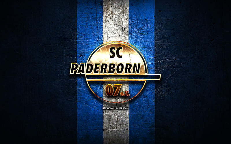 SC Paderborn 07, golden logo, Bundesliga, blue metal background, football, Paderborn 07 FC, german football club, SC Paderborn 07 logo, soccer, Germany, HD wallpaper