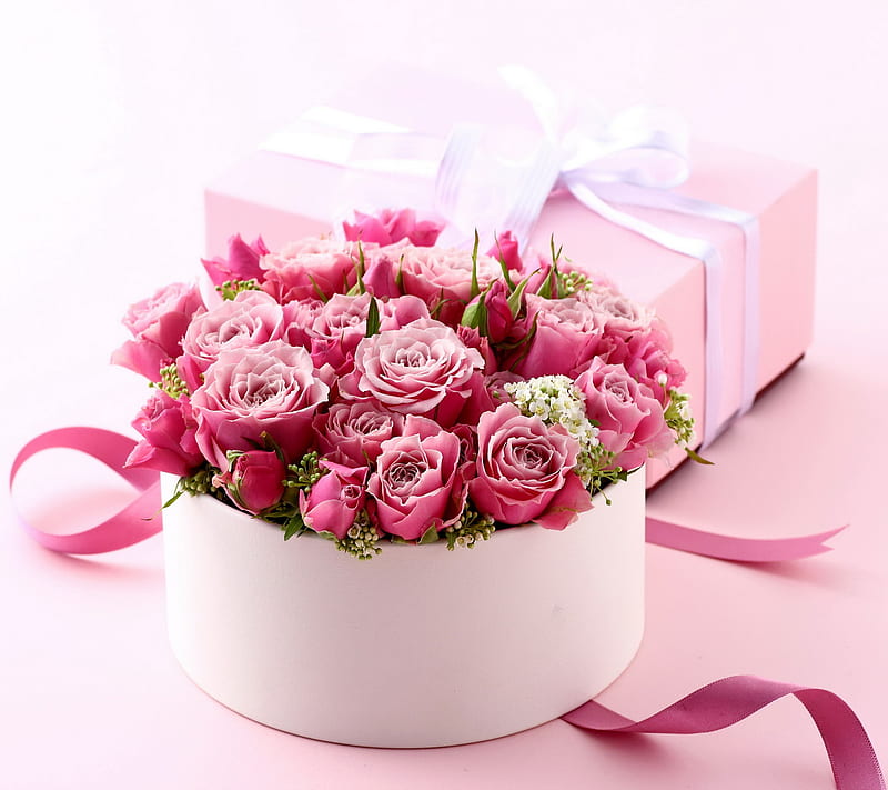 With Love, box, flowers, gift, pink, romantic, roses, HD wallpaper