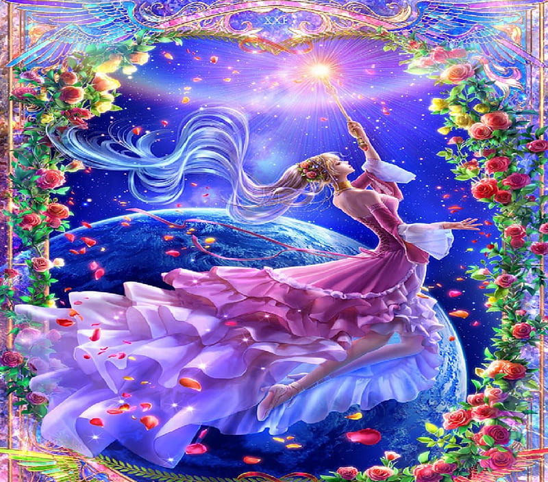 Beautiful Sorceress, flowers, earth, woman, wand, HD wallpaper