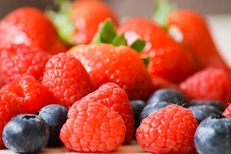 raspberries, blueberries, berries, fresh, ripe, bright, HD wallpaper