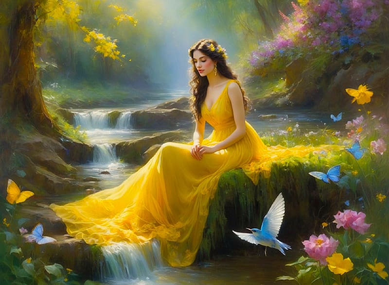 Peaceful Moment, yellow, digital, woman, girl, art, forest, , beautiful, fantasy, lamamake art, HD wallpaper