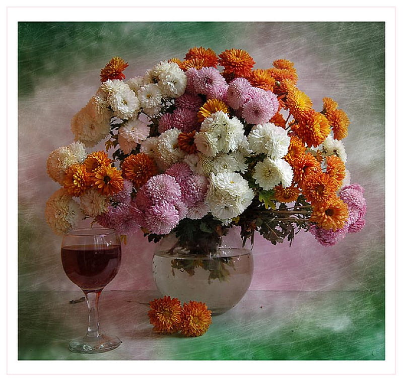 Chrysanthemums., glass, still life, wine, chrysanthemum, flower, vase, daisy, HD wallpaper