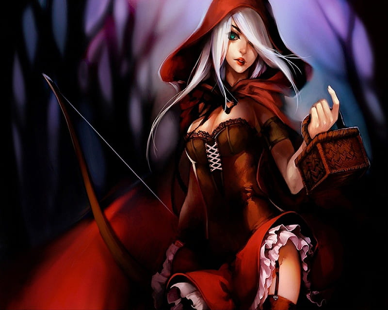 Red Hood Archer, Woods, Basket, Bow, Woman, Fantasy, Red Cape, HD wallpaper