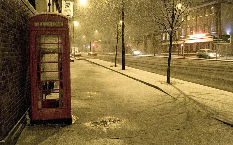 Winter, Night, Snow, Light, Road, Street, graphy, Place, Telephone Booth, HD wallpaper