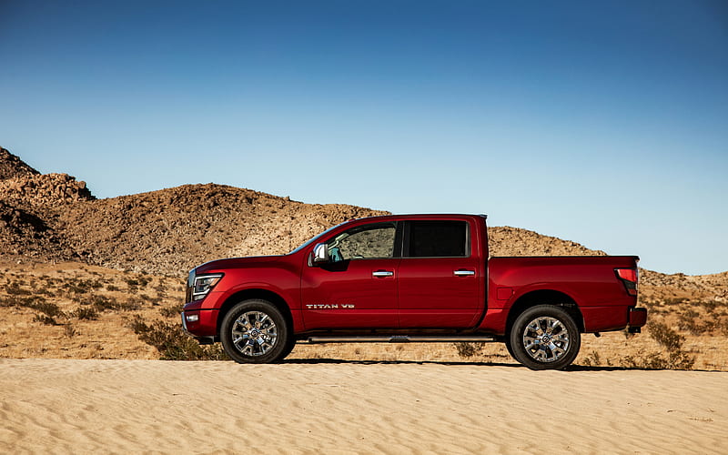 Nissan Titan, 2020, side view, red pickup truck, new red Titan, exterior, japanese cars, Nissan, HD wallpaper